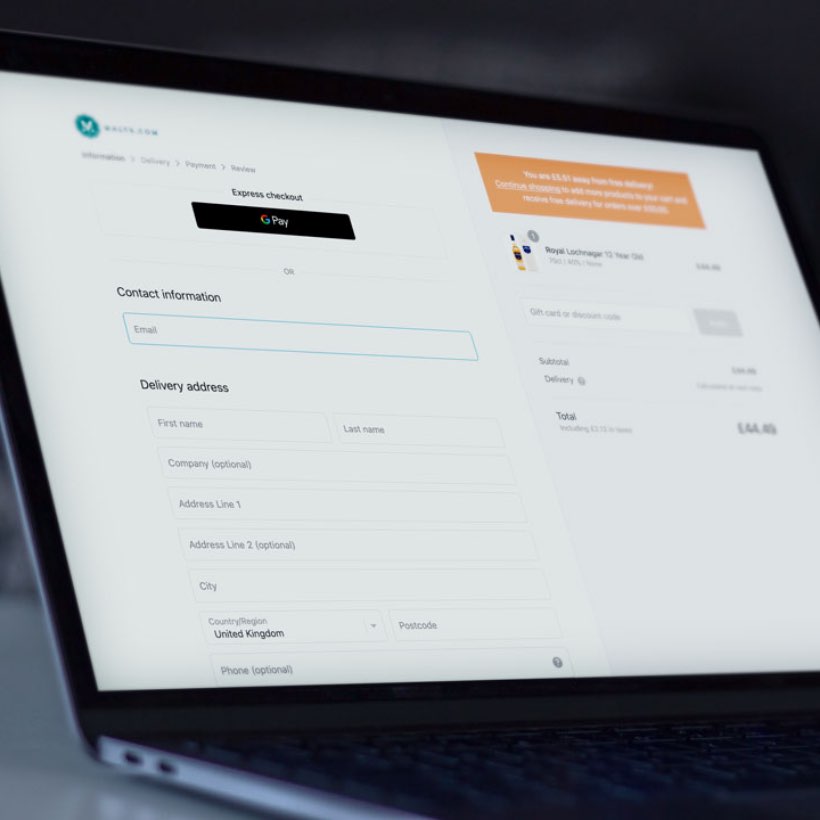 Malts.com checkout screen on laptop.